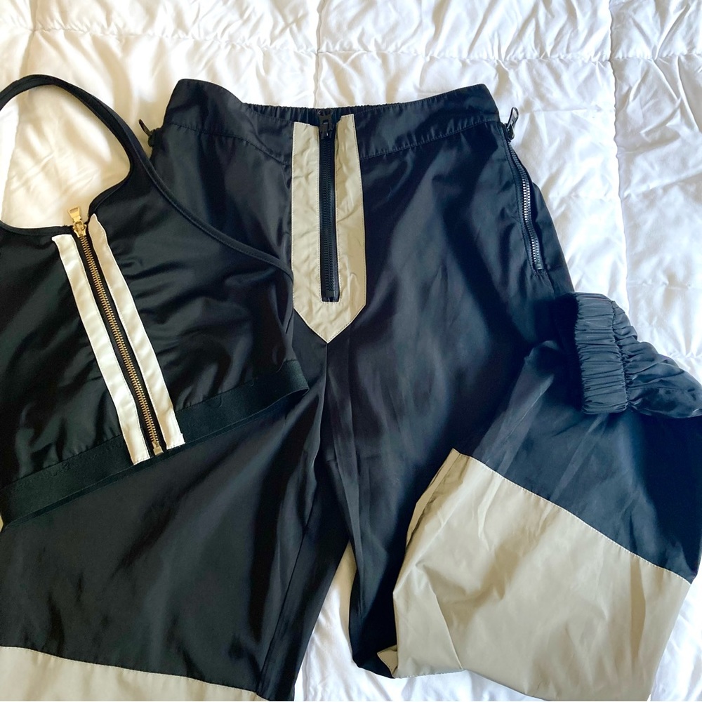Postergirl crop top + pant set club rave or festival wear with reflective panels